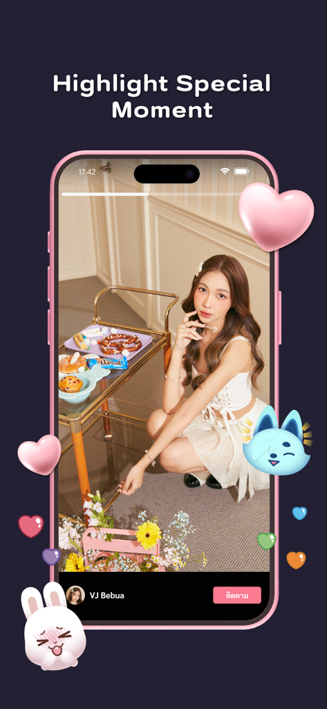 Vibie app screen showing a creator lifestyle story highlight with cute stickers and heart decorations