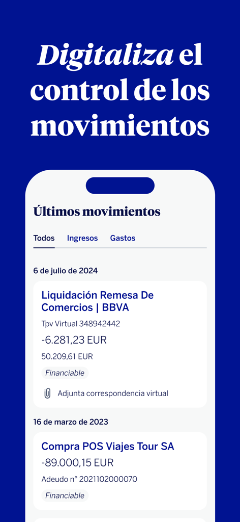 Interfaz móvil de BBVA Empresas que muestra una lista de transacciones comerciales recientes y movimientos de cuenta.