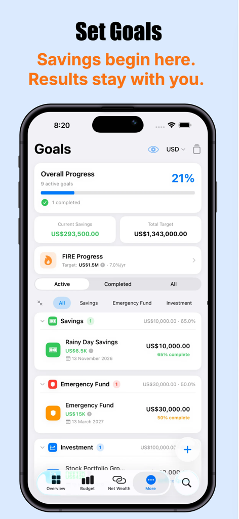 Wealth - All in One Tracker - Screenshot dell'iPhone della schermata Obiettivi dell'app Wealth che mostra barre di avanzamento del risparmio, fondo imprevisti, fondo di emergenza e tracker FIRE.