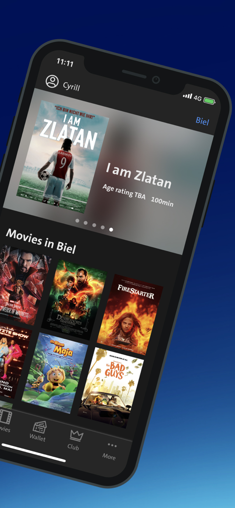 Swisscom blue Cinemaアプリのホームスクリーン。映画「I am Zlatan」と、ビールで上映中の映画リストが表示されています。