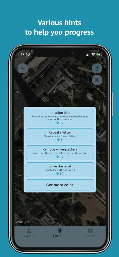 Geo Mania: Guess the Location - Screenshot of Geo Mania game showing the hint options menu over a satellite map.