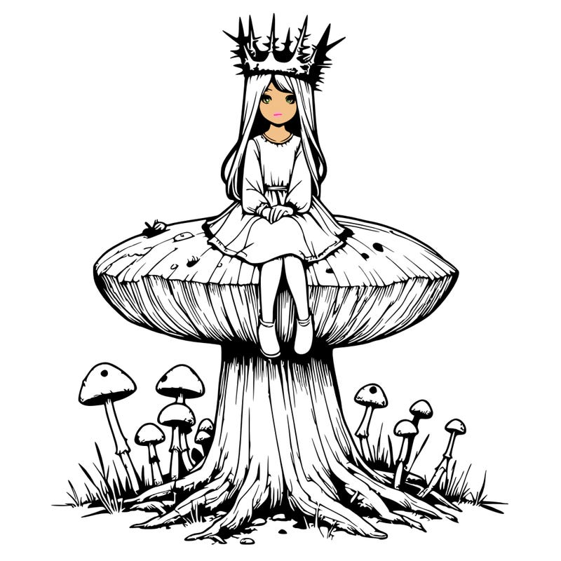 realistic girl sitting on a huge tree stump size toadstool with thorn crown