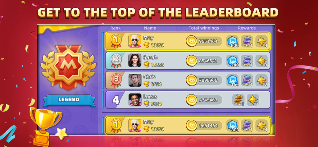 UNO!™ - Schermata dell'app mobile UNO che mostra i migliori giocatori in classifica con le loro vincite e ricompense