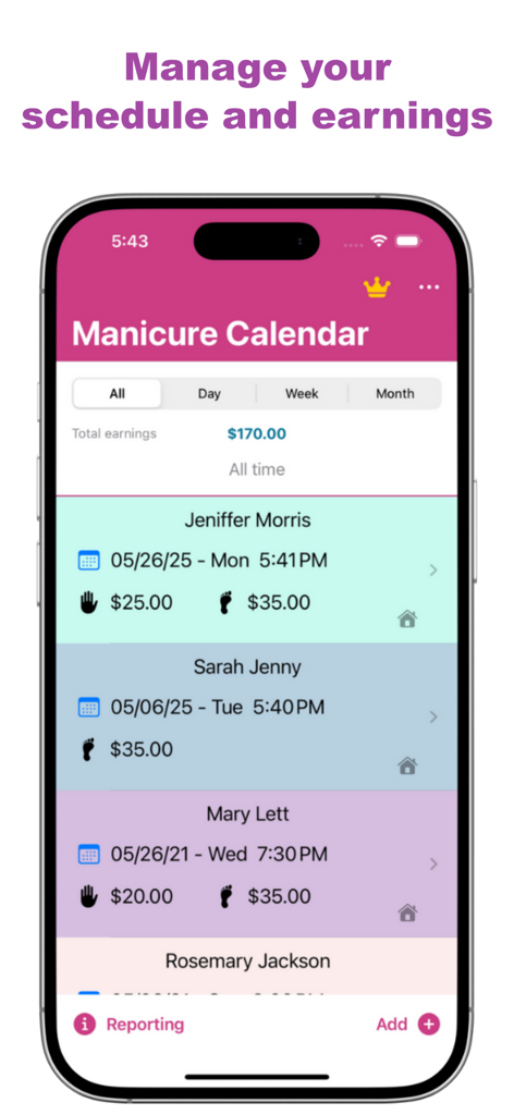 Mobile screen of the Nail Tech Appointment App displaying a schedule of client appointments and daily earnings.