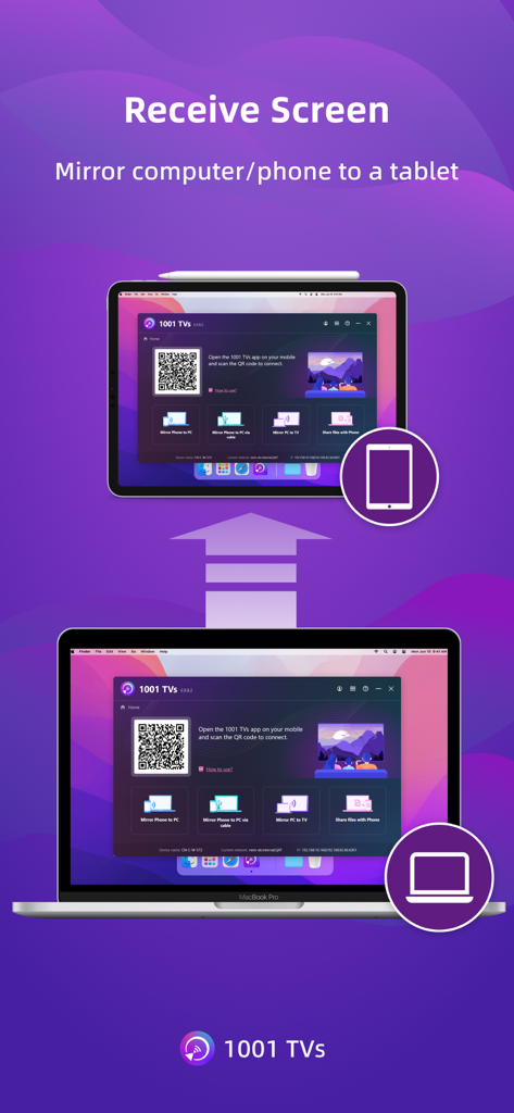 Laptop screen mirrored to a tablet using the 1001 TVs app showing a QR code for connection