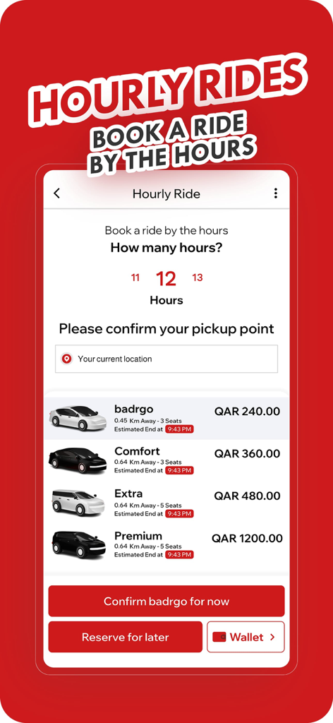 badrgo - Your way to go - Pantalla de la aplicación badrgo que muestra la función de reserva de viajes por hora con varias clases de servicio de automóvil y opciones de precios