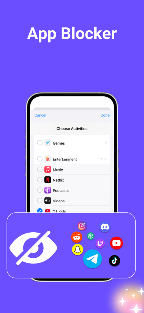 App Lock & Block App - Lockkit - Interface of the Lockkit app showing a list of applications to block for privacy and parental control.