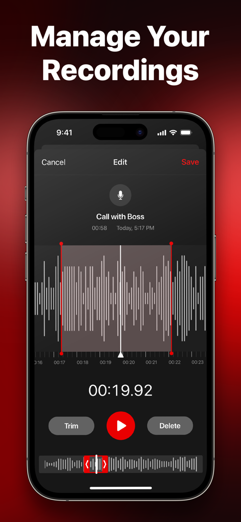 Schermata dell'app mobile per la gestione e la modifica delle registrazioni delle chiamate con forma d'onda audio e strumenti di taglio