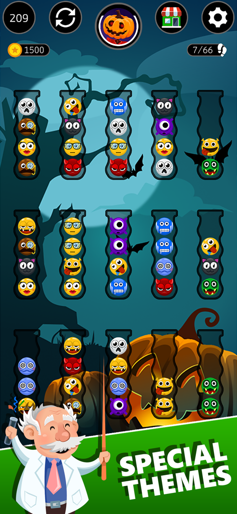 Ball Sort Master - Tela do jogo de quebra-cabeça Ball Sort Master mostrando um tema especial de Halloween com bolas de personagens personalizadas e um fundo assustador de abóbora.