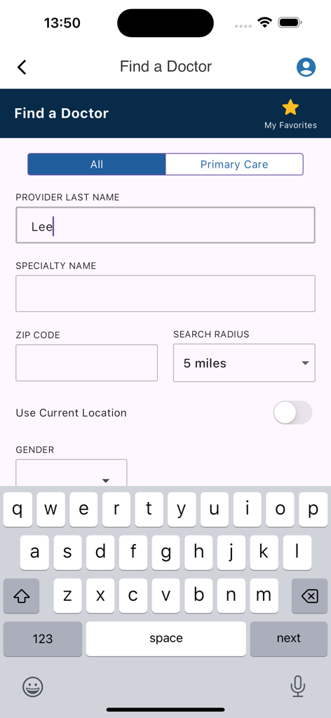 UCLA Health - UCLA Health 앱 의사 찾기 검색 화면 - 이름, 전문 분야, 위치 필터 포함