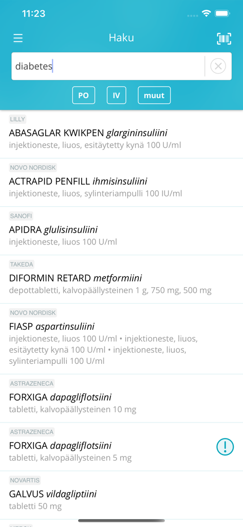A smartphone screen showing the search results for diabetes in the Pharmaca Fennica app with a list of medications including active ingredients and manufacturers.