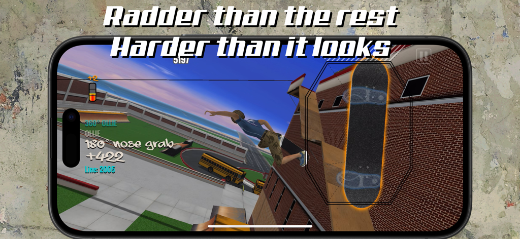PureSkate 1+2 - PureSkate 1+2 mobile gameplay showing a 3D skater performing a 180 nose grab trick over a building.