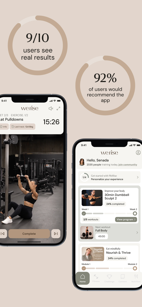 Interfaz de la aplicación WeRise que muestra un video de entrenamiento de fuerza y un panel de fitness personalizado del usuario
