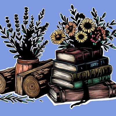 rustic books and wild flowers realistic
