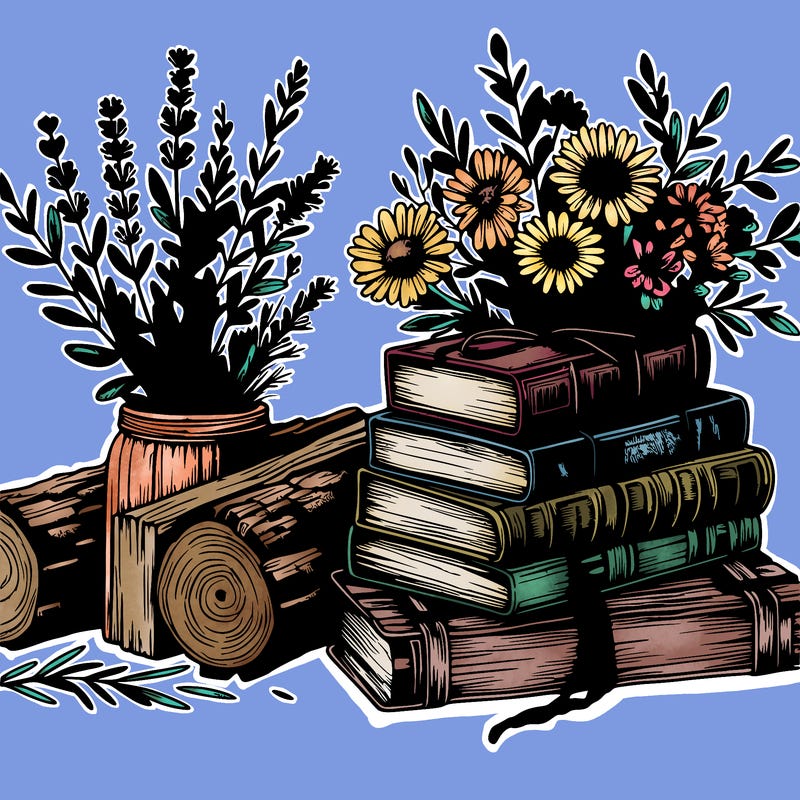 rustic books and wild flowers realistic