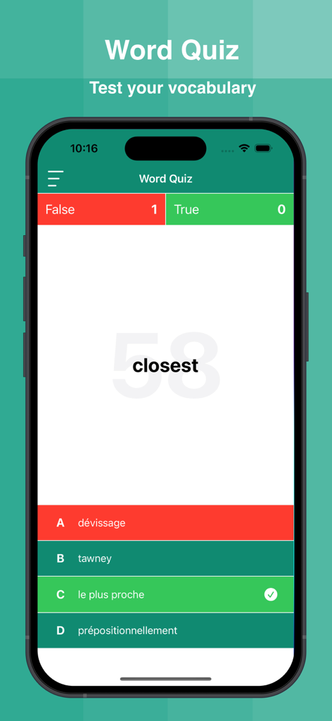 French Dictionary Offline Pre - Uma captura de tela do recurso Word Quiz no aplicativo Dicionário Francês Offline Pre mostrando uma pergunta de múltipla escolha para traduzir a palavra 'closest' para o francês.