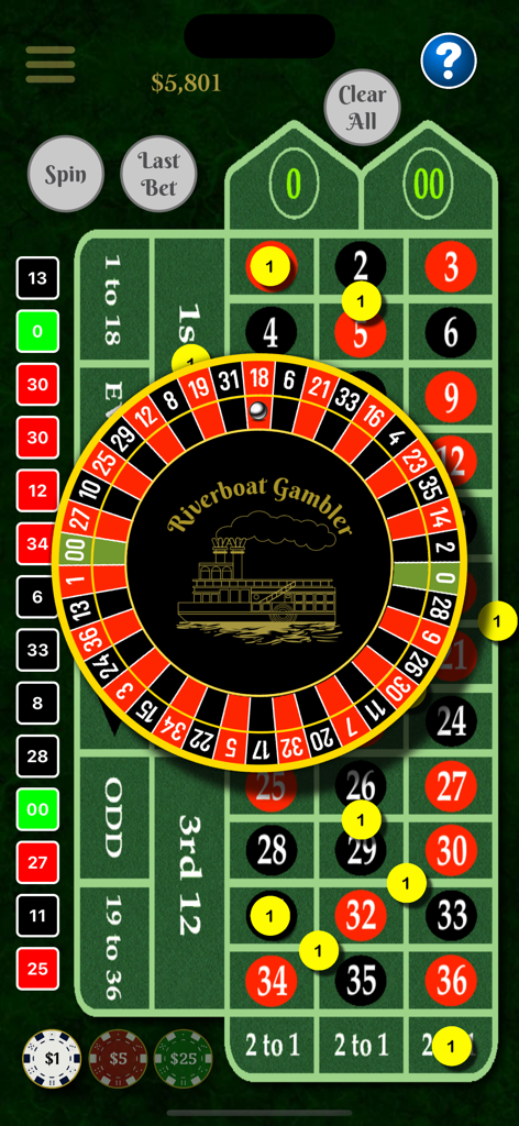 Riverboat Gambler - American Roulette wheel and betting table interface in the Riverboat Gambler app