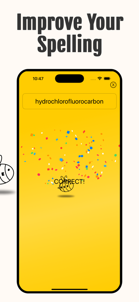Spelling Bee App: Today's Game - Spelling Bee app interface showing a correct answer screen with confetti and a complex word