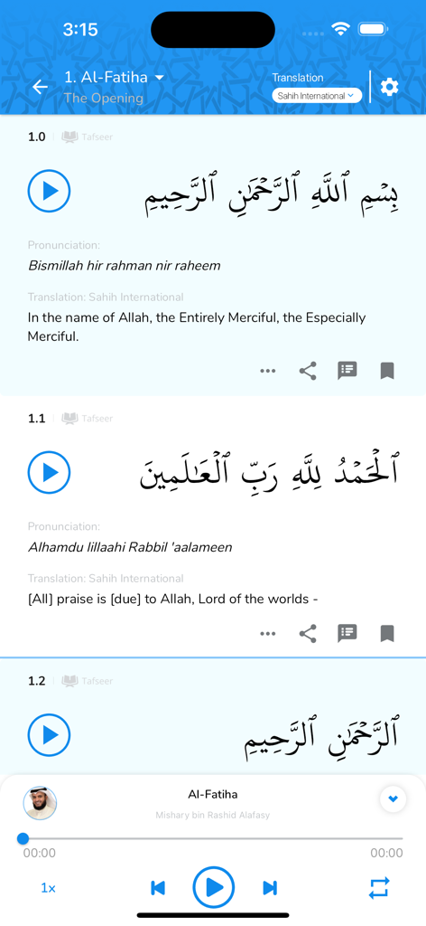 My Islam: Qur'an Prayer Tasbih - My Islam app screen showing Quran verses with Arabic text, transliteration, English translation, and an integrated audio player.