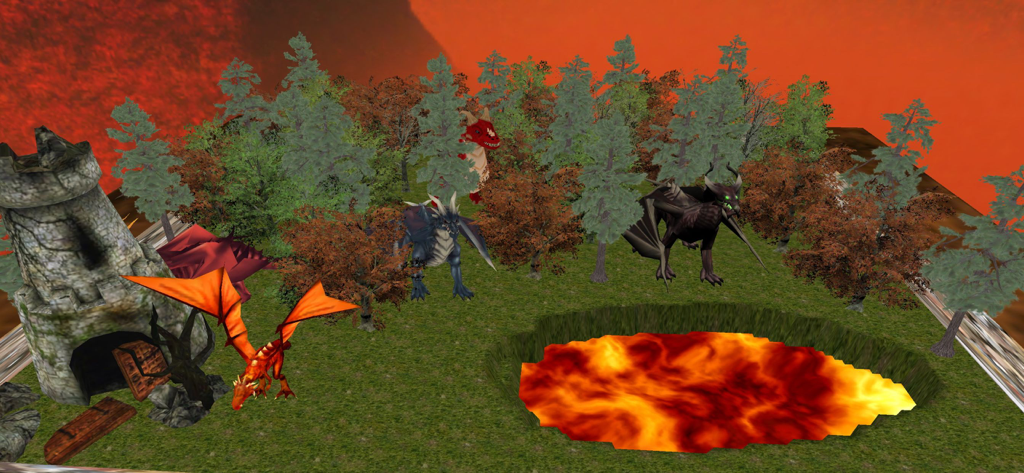 Eine 3D-virtuelle Sandspielszene mit verschiedenen Drachen, einem Steinturm und einem Lavapool in einer Waldumgebung