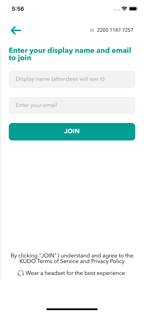KUDO Live - The join meeting screen in the KUDO Live app where users enter their display name and email address