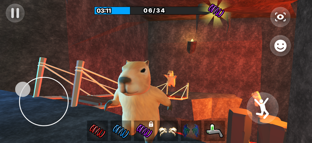 Um personagem capivara navegando em um percurso de obstáculos em uma caverna escura no jogo de aventura Fuga da Prisão.