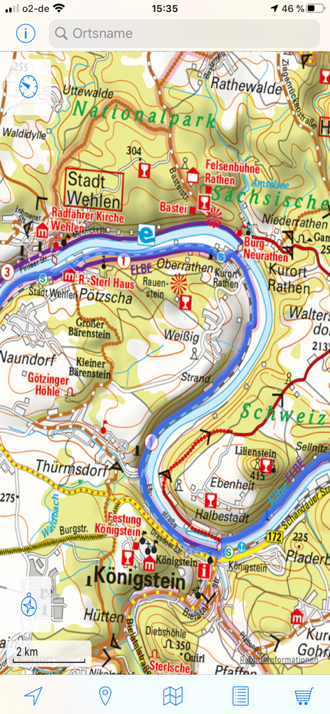 ADFC Karten - Detaillierte topografische Radkarte der Elberegion in Deutschland, angezeigt in der ADFC Karten App