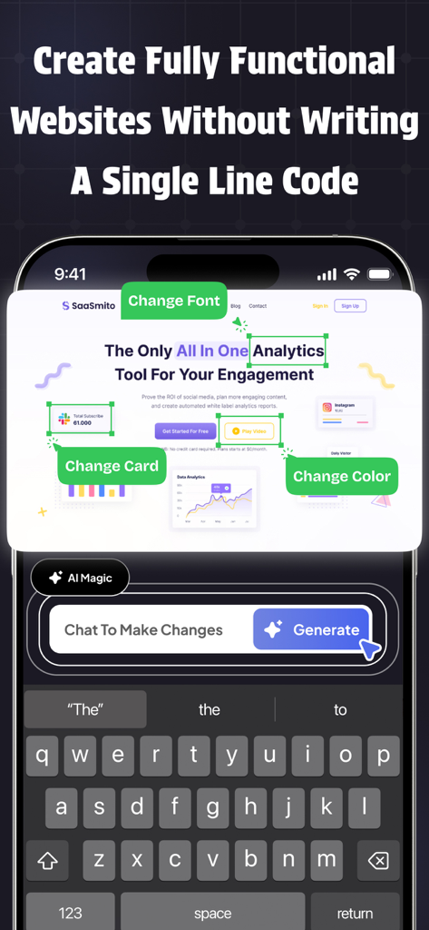 A mobile interface of the LovableAI app showing a website editor with AI-driven customization options like changing fonts and colors via chat.