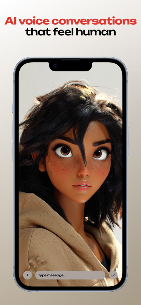 Una pantalla de smartphone mostrando un personaje IA femenino animado en 3D de aspecto realista para conversaciones de voz humanas.
