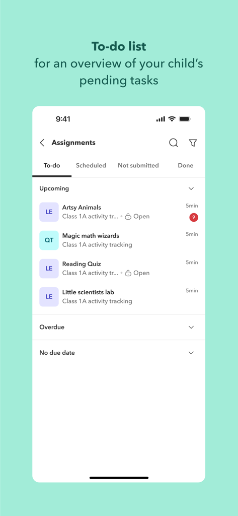 Toddle Family - A mobile screen showing the Toddle Family app with a child's upcoming school assignments and tasks listed in a to-do format.