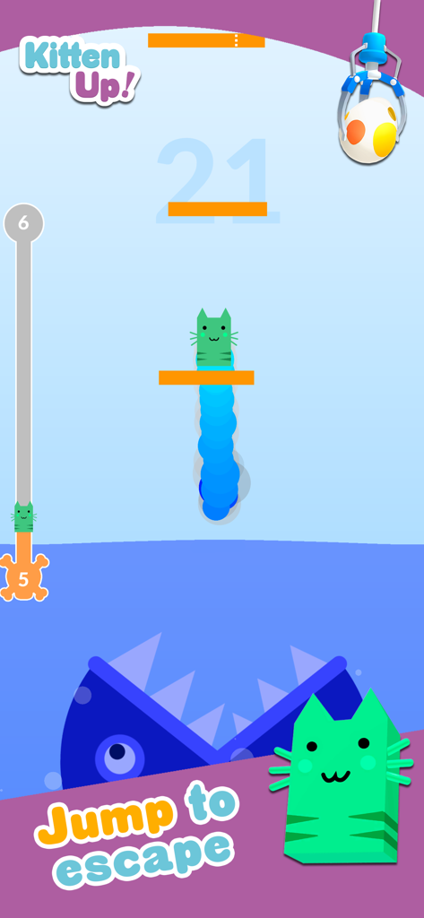 Um gato verde saltando entre plataformas para escapar de um monstro de peixe gigante em Kitten Up.