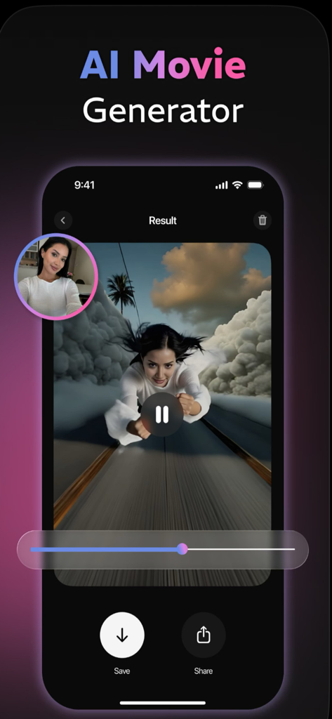 Vivideo.ai: AI Video Generator - Interface of Vivideo.ai app showing an AI movie generator result with a cinematic video of a person flying through clouds.