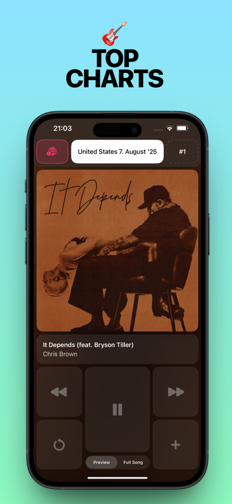 Global Charts: Music Player - Interface of Global Charts app showing the top ranked song in the United States with playback controls