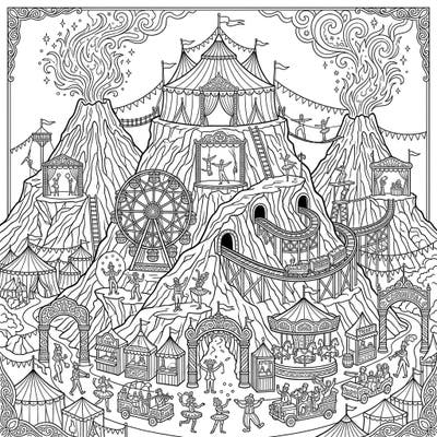 Prepare for a coloring spectacle where the raw power of stratovolcanoes meets the joyous chaos of a carnival! This unique design features a bustling fairground with circus tents, thrilling rides, and playful performers intertwined with majestic volcanic landscapes.