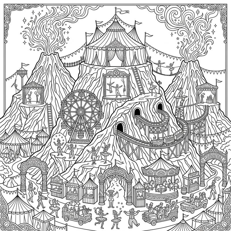 Prepare for a coloring spectacle where the raw power of stratovolcanoes meets the joyous chaos of a carnival! This unique design features a bustling fairground with circus tents, thrilling rides, and playful performers intertwined with majestic volcanic landscapes.