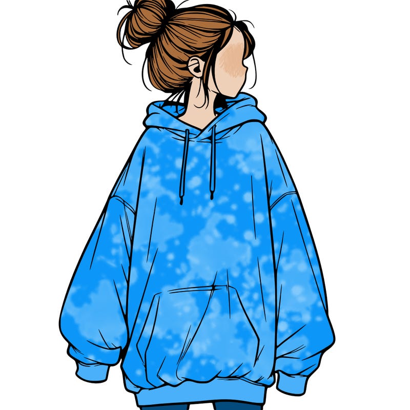 realistic girl with a oversized sweatshirt on and a bun