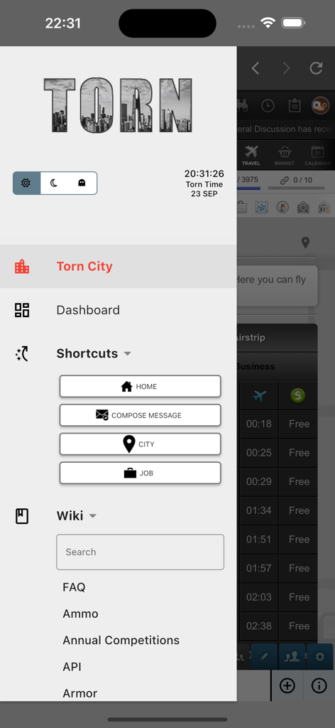 Un menú lateral de la aplicación móvil Torn City que muestra accesos directos de navegación y la wiki del juego