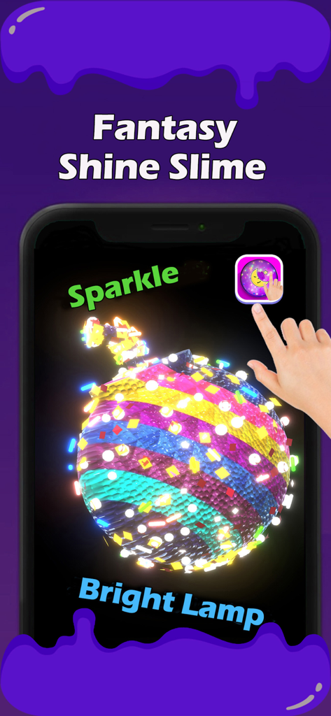 Slime Simulator Maker - ASMR - A hand interacting with a glowing colorful textured ball in the Fantasy Shine Slime mode of the app.
