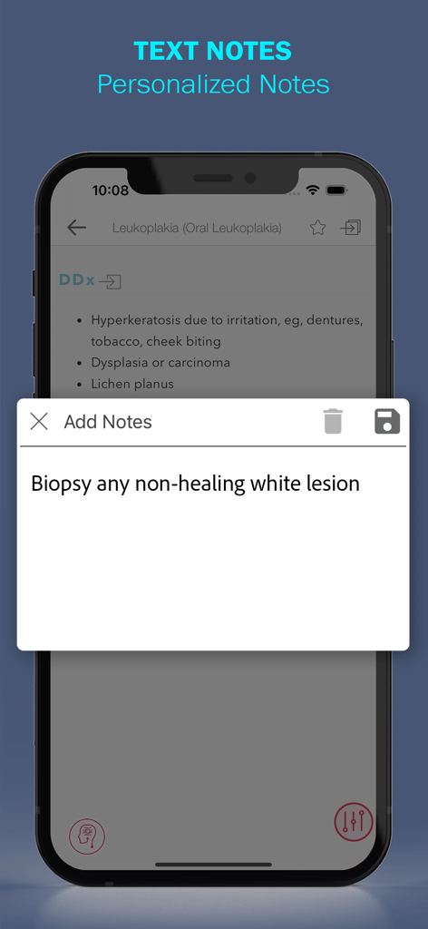 Captura de pantalla que muestra la función de notas de texto personalizadas en la aplicación MobileDDx con una nota clínica sobre biopsia.