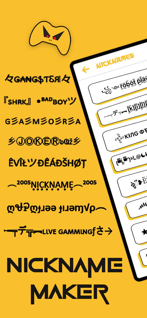 Nickname Maker For Games - Apodos de juego elegantes y con estilo que se muestran en una interfaz de aplicación con varios estilos de fuente y símbolos.