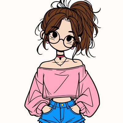 girl with a messy ponytail glasses a baggy crop top and jean shorts