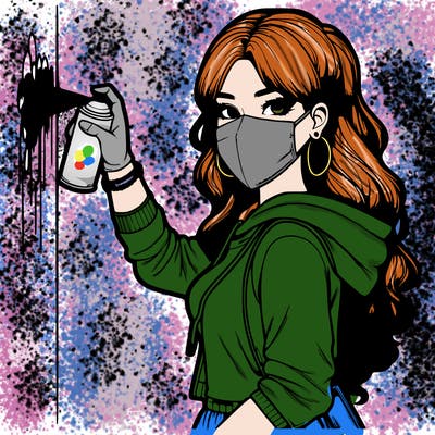 realistic girl with mask spray painting a wall