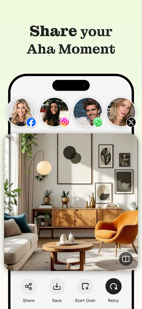 Homely AI - Interior Design - Interface do aplicativo Homely AI para compartilhar um render de design de interiores gerado por IA em plataformas de mídia social.