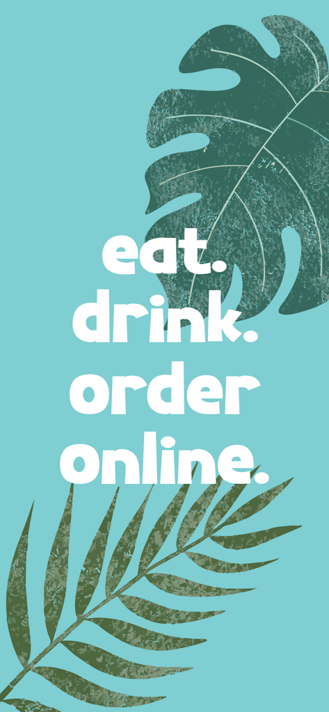 Sandbar Beachfront Hostel - Promo screen for Sandbar Beachfront Hostel with tropical leaf designs and text eat drink order online.