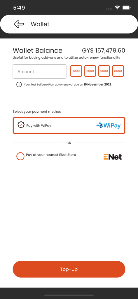 My ENet - My ENet app wallet interface showing balance and payment options for topping up credit