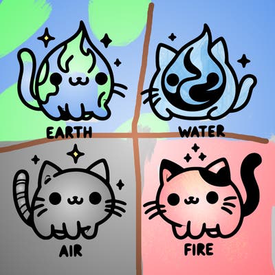 4 cats that represent the different elements, earth, water, air, and fire