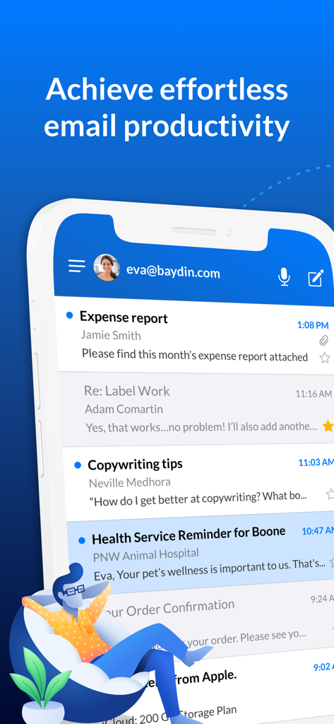 Email Client - Boomerang Mail - Smartphone displaying the Boomerang Mail app inbox with the headline Achieve effortless email productivity