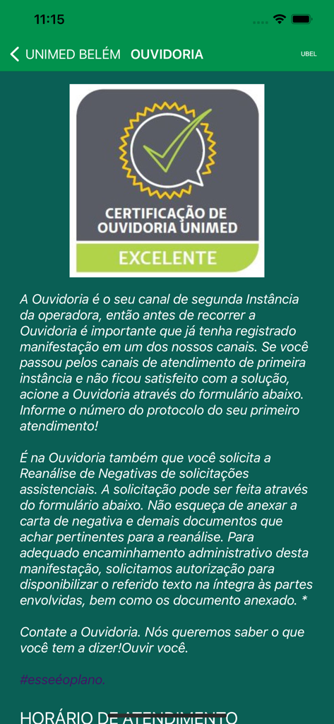 Una captura de pantalla de la aplicación Unimed Belem que muestra información del servicio de Defensoría y una insignia de certificación de excelencia.