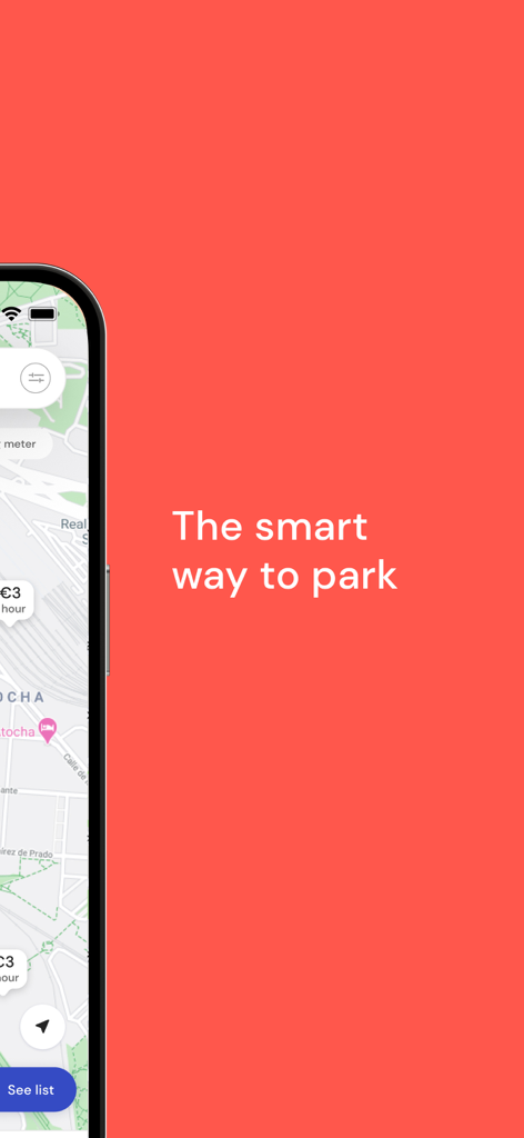 Smartphone displaying the Parclick parking app map next to the slogan The smart way to park