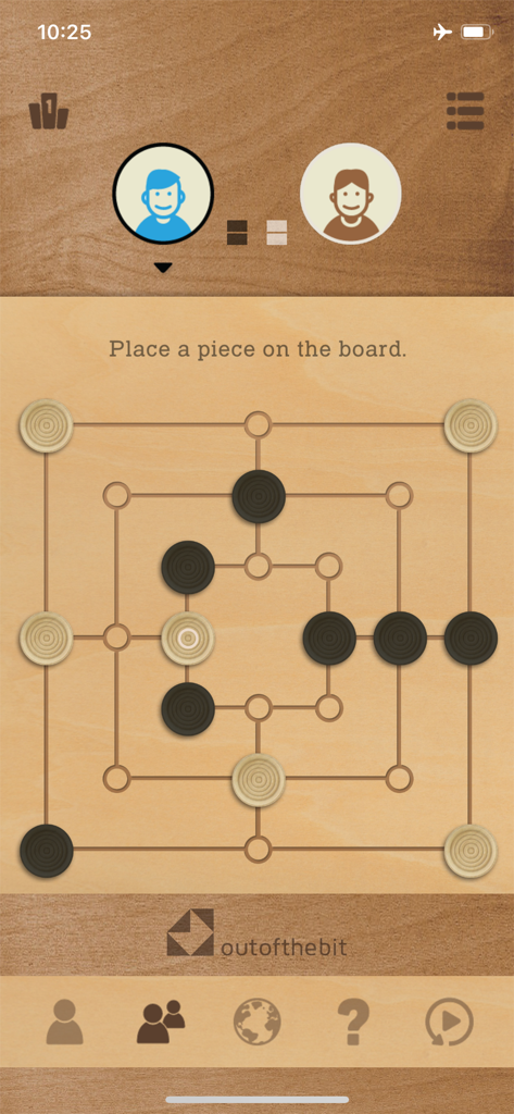 Nine Mens Morris digital board game interface with black and tan pieces on a wooden board